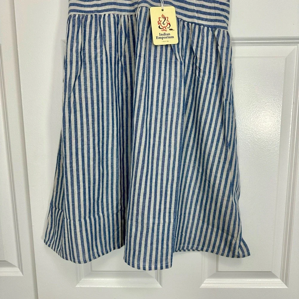 Indian Emporium Blue White Striped V Neck Camisole Dress Sundress‎ Beach